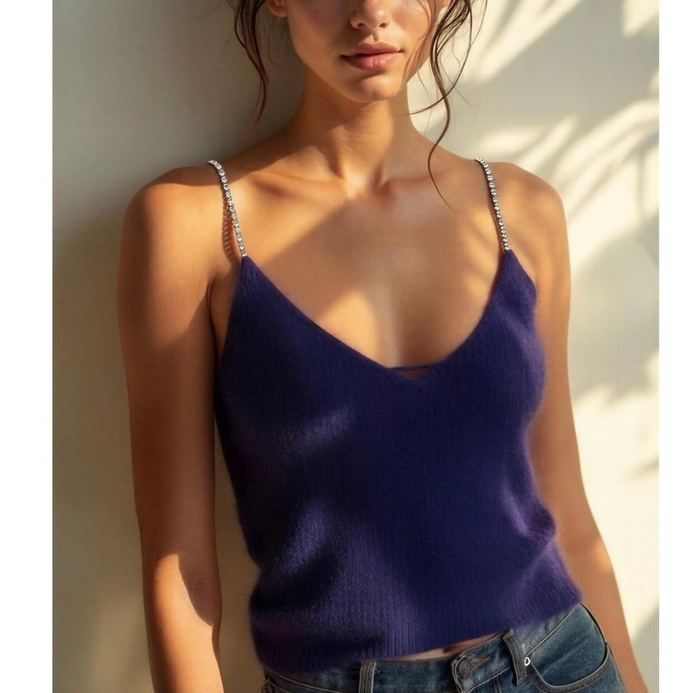 NEW SABINA GABRIEL Purple Angora Rabbit Cropped Tank Top Rhinestone Straps‎ Sz L